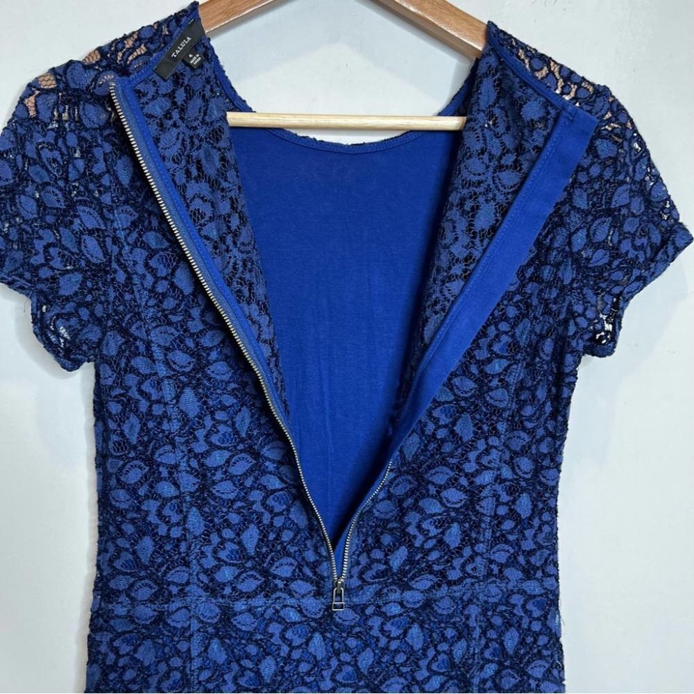 Aritzia Talula Womens Size 4 Navy Blue Lace Short Sleeve Mini Dress Semi Sheer - Picture 5 of 12